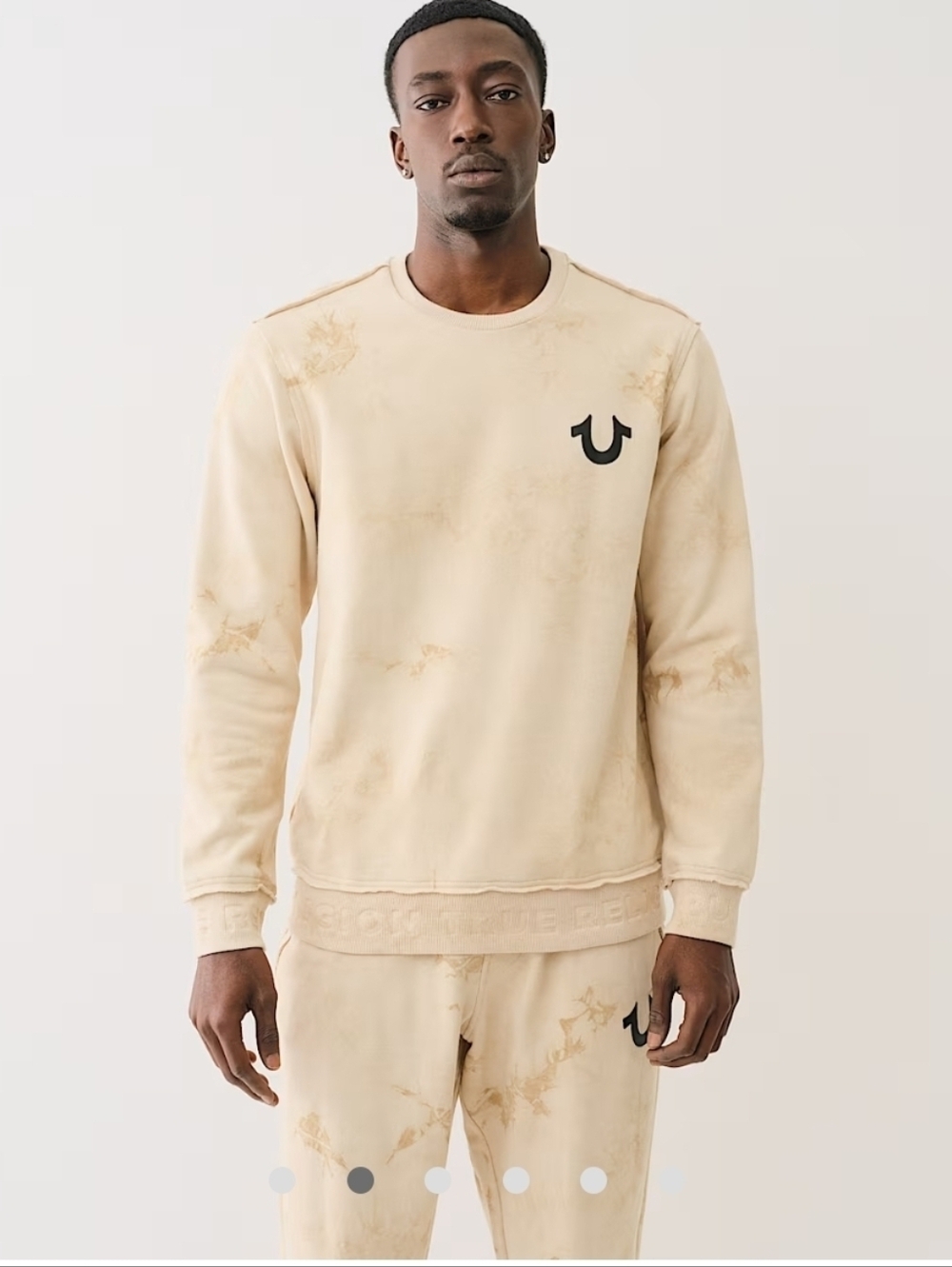 True Religion Men's Debossed logo raw trim sweatshirt Rib Pullover Cream